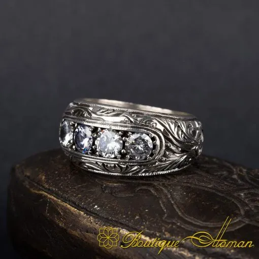 White Zircon 4 Pieces Hand Engraved Silver Band Ring - Image 4