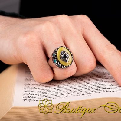 Yellow Amber Silver Ring With Black Zircon Detail - Image 5