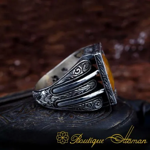 Yellow Sapphire Rectangle Hand Engraved Men Ring - Image 3