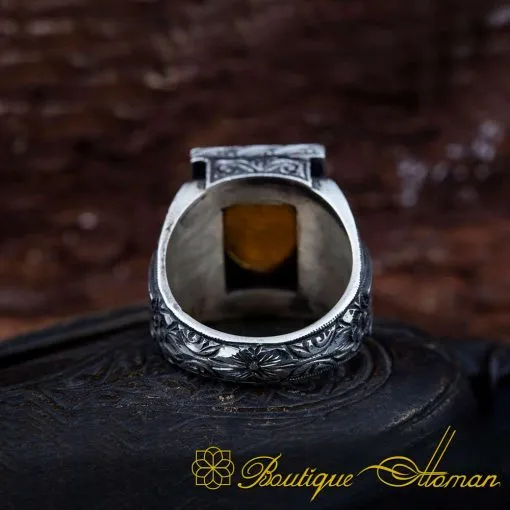 Yellow Sapphire Rectangle Hand Engraved Men Ring - Image 4