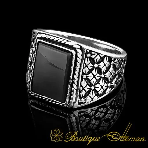 Rectangle Black Aqeeq Daily Silver Ring - Image 2