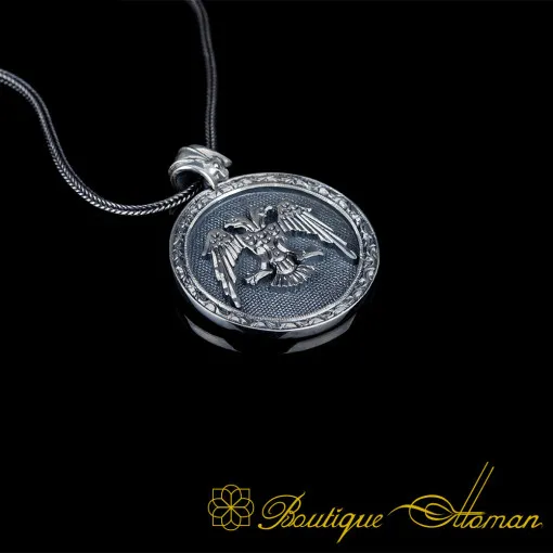Seal of Solomon & Double Headed Eagle Engraved Silver Necklace