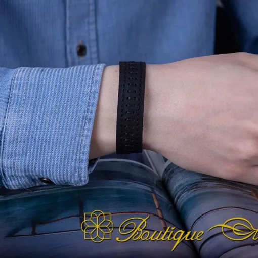 Black Genuine Leather Black Stitched Unisex Bracelet