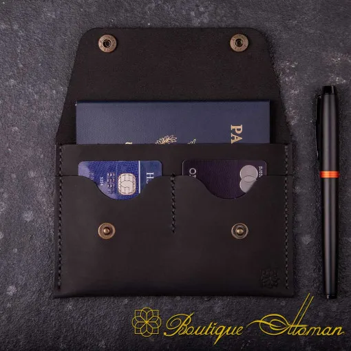 Genuine Leather Black Snap On Passport Wallet
