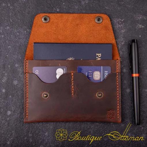 Genuine Leather Brown Snap On Passport Wallet
