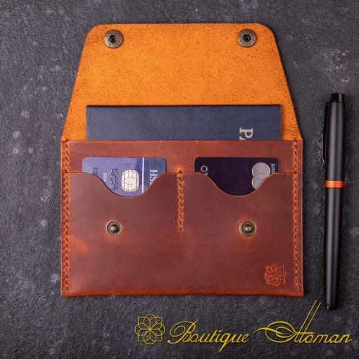 Genuine Leather Camel Snap On Passport Wallet