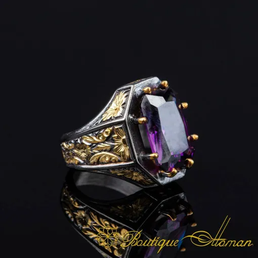 Masterpiece Collection Amethyst Gold Plated Oxidized Silver Ring