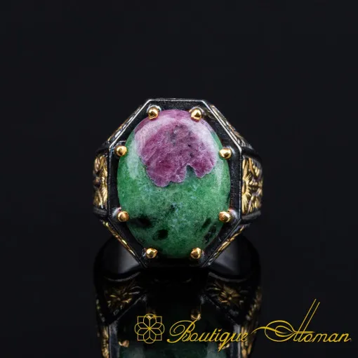 Masterpiece Collection Ruby Zoisite Gold Plated Oxidized Silver Ring
