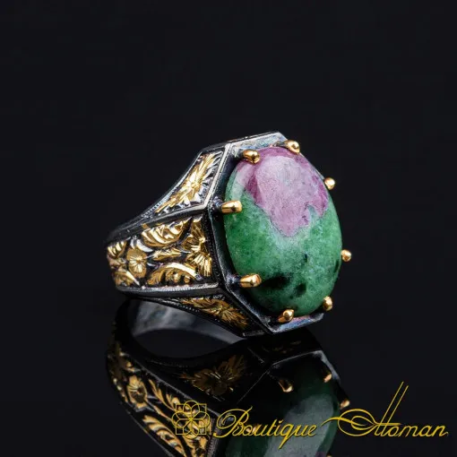 Masterpiece Collection Ruby Zoisite Gold Plated Oxidized Silver Ring