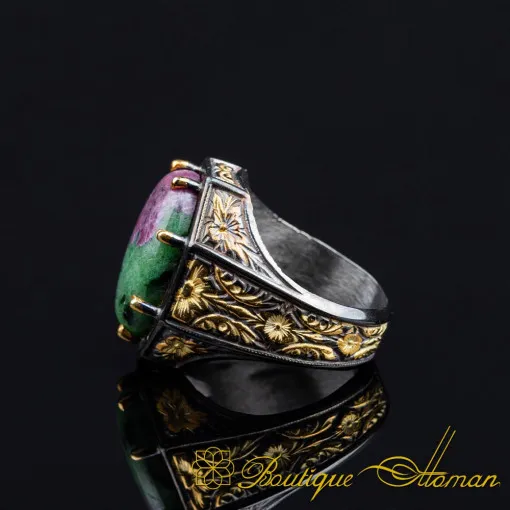 Masterpiece Collection Ruby Zoisite Gold Plated Oxidized Silver Ring