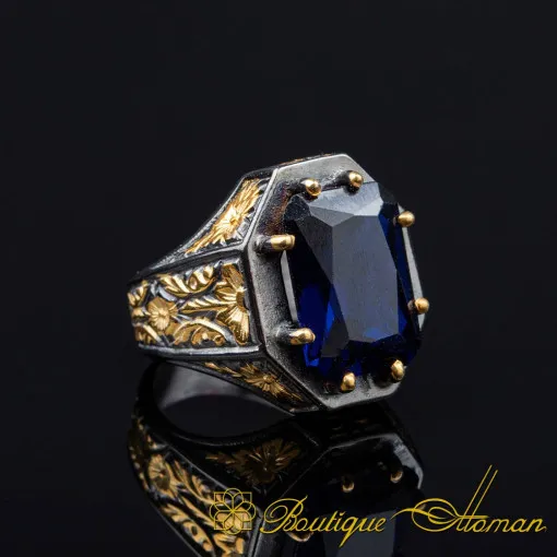 Masterpiece Collection Blue Zircon Gold Plated Oxidized Silver Ring