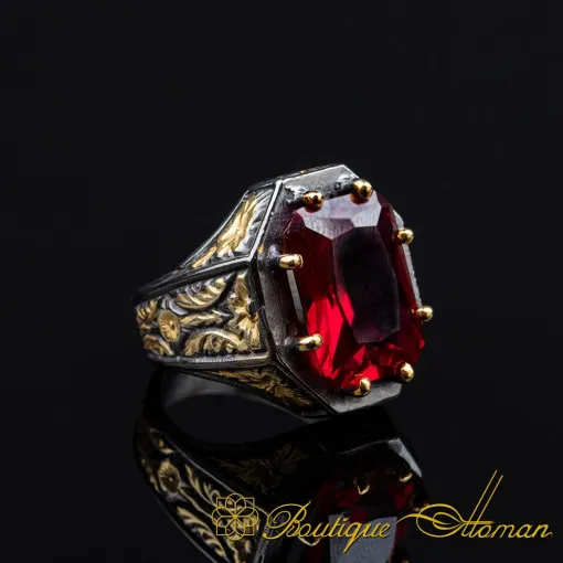Masterpiece Collection Red Zircon Gold Plated Oxidized Silver Ring