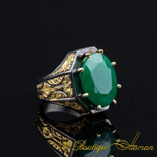 Masterpiece Collection Emerald Gold Plated Oxidized Silver Ring