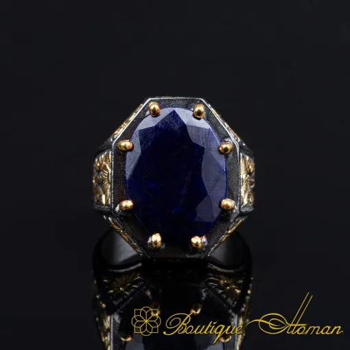 Masterpiece Collection Sapphire Gold Plated Oxidized Silver Ring