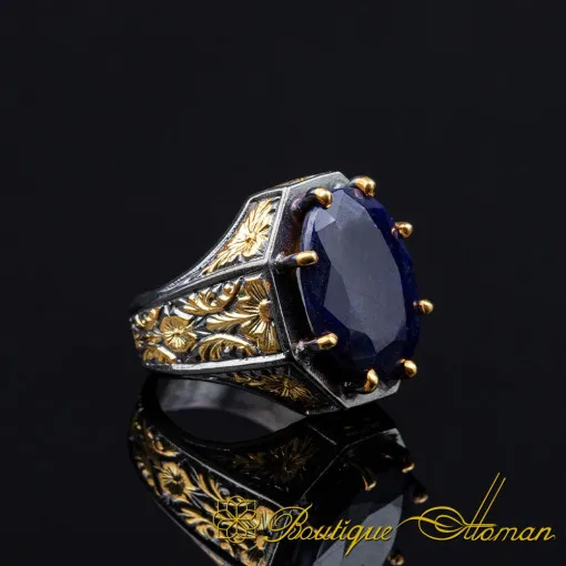 Masterpiece Collection Sapphire Gold Plated Oxidized Silver Ring