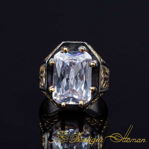 Masterpiece Collection White Zircon Gold Plated Oxidized Silver Ring