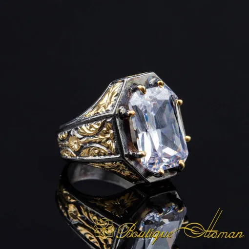 Masterpiece Collection White Zircon Gold Plated Oxidized Silver Ring