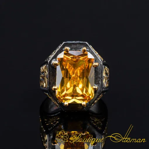 Masterpiece Collection Citrine Gold Plated Oxidized Silver Ring