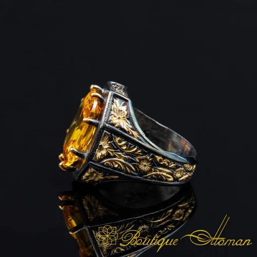 Masterpiece Collection Citrine Gold Plated Oxidized Silver Ring