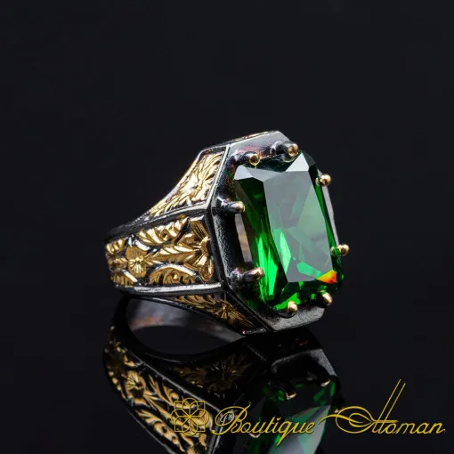 Masterpiece Collection Green Zircon Gold Plated Oxidized Silver Ring