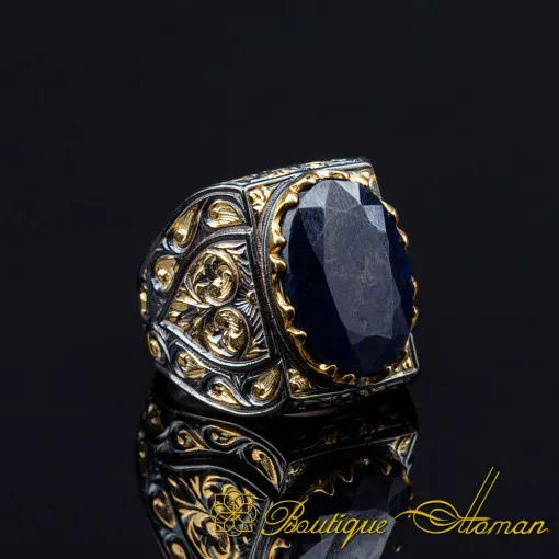 Sapphire Rectangle Gold Plated Oxidized Ring