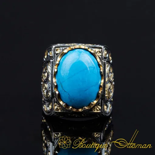 Turquoise Feroza Rectangle Gold Plated Oxidized Ring