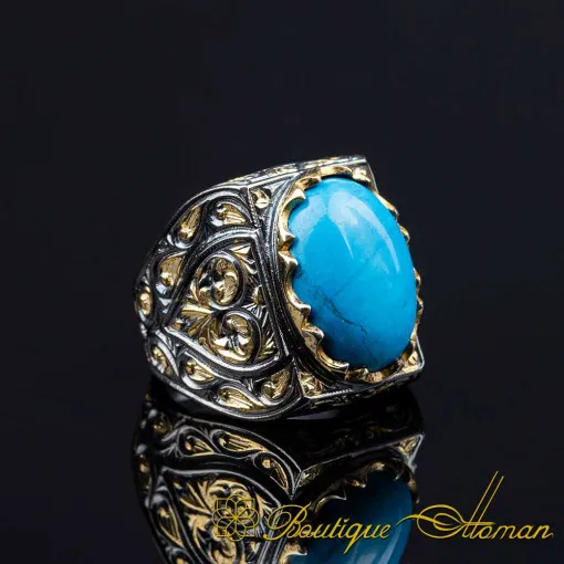 Turquoise Feroza Rectangle Gold Plated Oxidized Ring