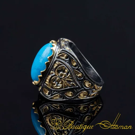 Turquoise Feroza Rectangle Gold Plated Oxidized Ring