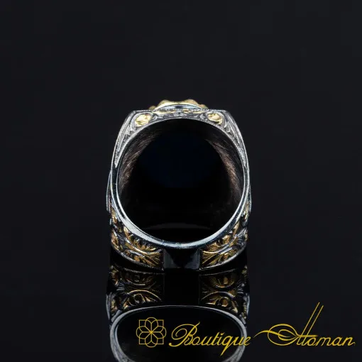 Turquoise Feroza Rectangle Gold Plated Oxidized Ring