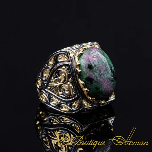 Ruby Zoisite Rectangle Gold Plated Oxidized Ring