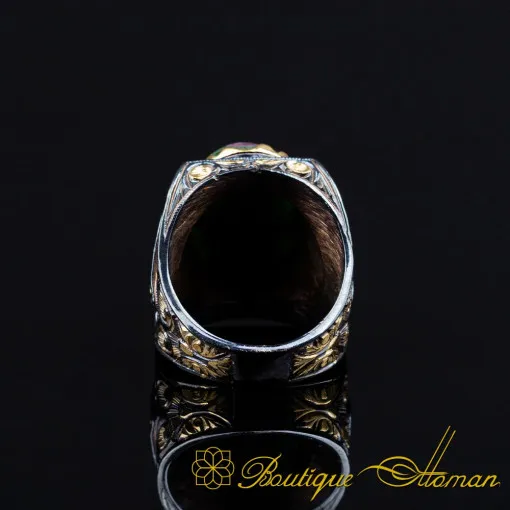 Ruby Zoisite Rectangle Gold Plated Oxidized Ring