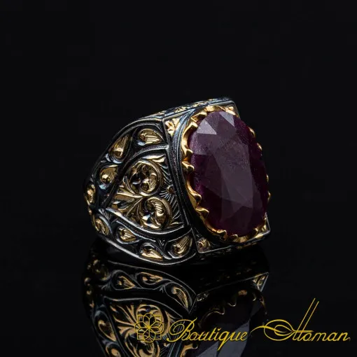 Ruby Rectangle Gold Plated Oxidized Ring