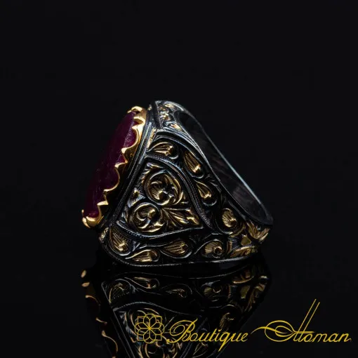 Ruby Rectangle Gold Plated Oxidized Ring