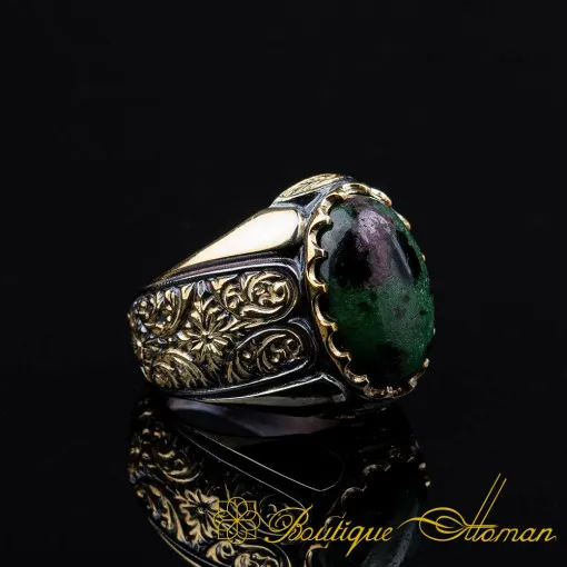 Ruby Zoisite Oval Gilded Oxidized Silver Ring