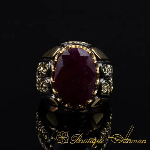 Ruby Oval Gilded Oxidized Silver Ring