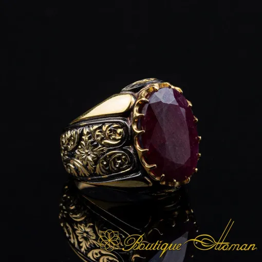 Ruby Oval Gilded Oxidized Silver Ring