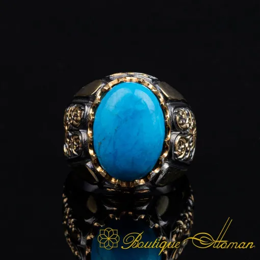 Turquoise Feroza Oval Gilded Oxidized Silver Ring