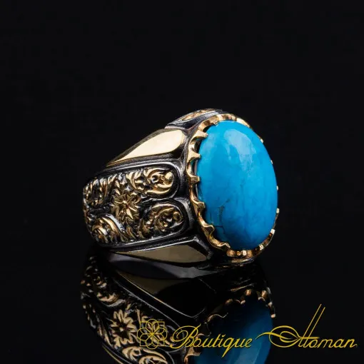 Turquoise Feroza Oval Gilded Oxidized Silver Ring