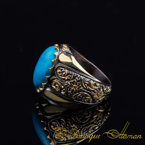 Turquoise Feroza Oval Gilded Oxidized Silver Ring