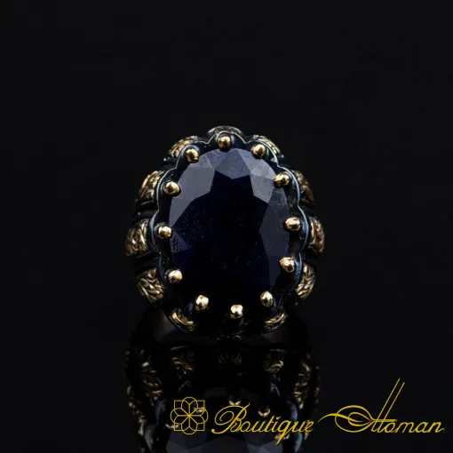 Sapphire Oval Gold Plated Oxidized Ring