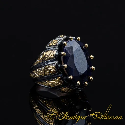 Sapphire Oval Gold Plated Oxidized Ring