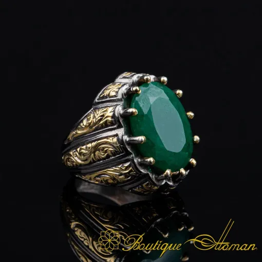 Emerald Oval Gold Plated Oxidized Ring