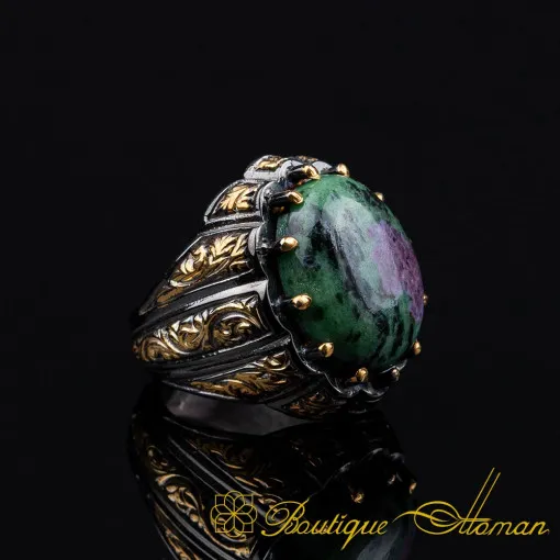 Ruby Zoisite Oval Gold Plated Oxidized Ring