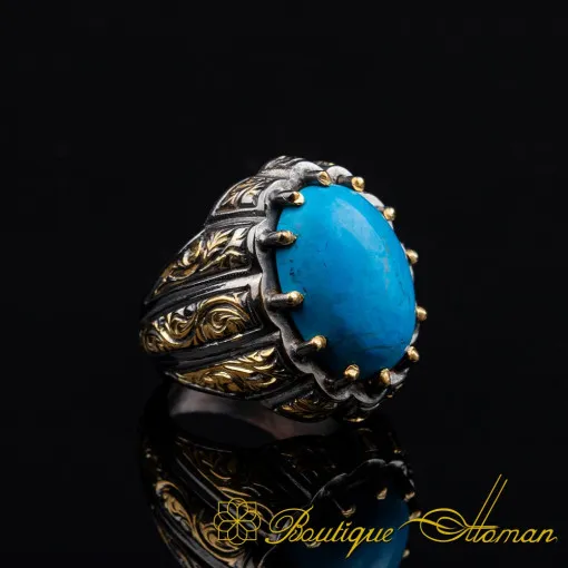 Turquoise Feroza Oval Gold Plated Oxidized Ring