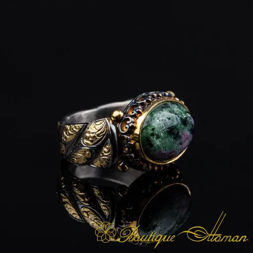 Ruby Zoisite Elegant Gilded Oxidized Ring