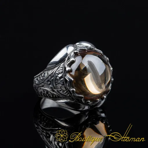 Cabochon Light Orange Quartz Oval Hand Engraved Ring