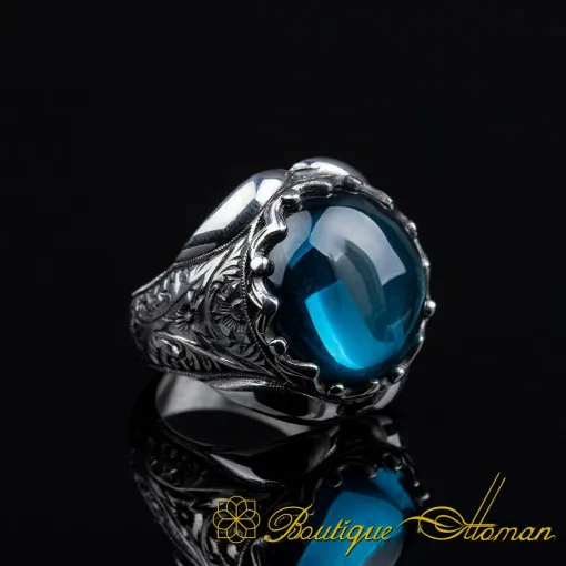 Cabochon Blue Quartz Oval Hand Engraved Ring