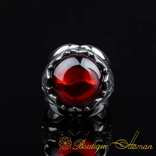 Cabochon Red Quartz Oval Hand Engraved Ring