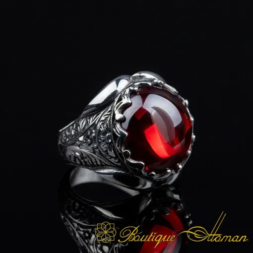 Cabochon Red Quartz Oval Hand Engraved Ring