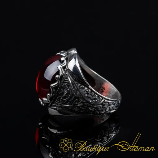 Cabochon Red Quartz Oval Hand Engraved Ring